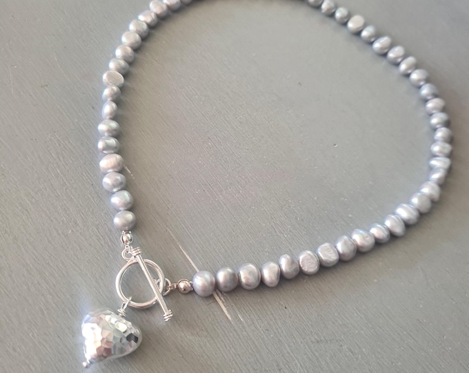 Grey Baroque Freshwater Pearl necklace Sterling Silver hammer heart toggle gray pearl necklace large grey pearl necklace Pearl jewelry gift
