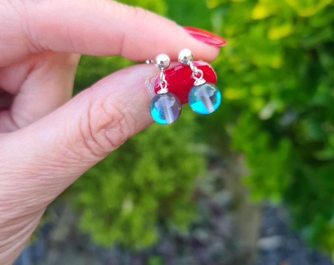 Blue Mystic Quartz earrings Sterling Silver or 14K Gold Fill 8mm grey blue Quartz gemstone bead drop earrings jewellery gift for her or him