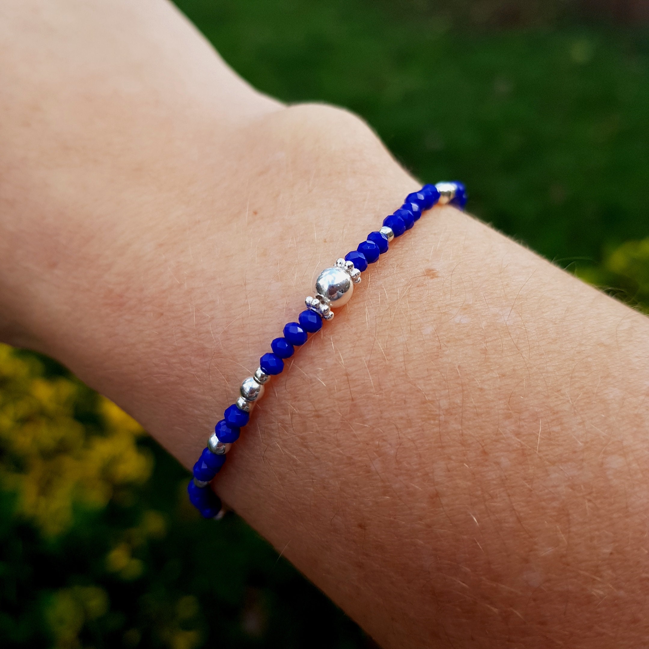 Tiny Blue Crystal Stretch Bracelet Gold Fill Or Sterling Silver Small