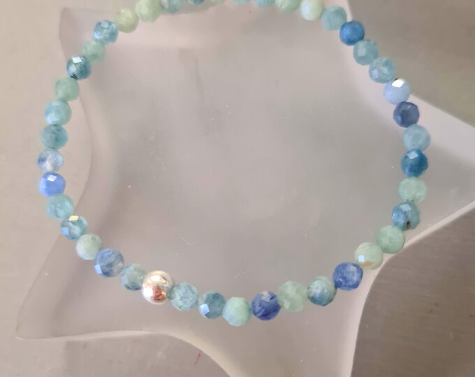 Tiny Blue green KYANITE stretch Bracelet Sterling Silver Gold Fill 4mm AA faceted GEMSTONE bead Bracelet beaded throat Chakra jewellery gift