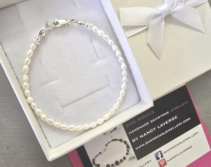 Tiny Freshwater Pearl Bracelet Sterling Silver or Gold real 3mm seed rice pearl Bracelet June Birthstone jewellery gift wedding anniversary