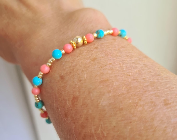 Tiny Turquoise and pink Coral STRETCH Bracelet in Gold or Sterling Silver -Holiday / Honeymoon Jewellery gift