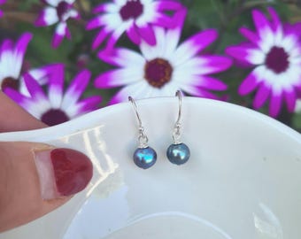 Tiny Blue Freshwater pearl earrings Sterling Silver or 14K Gold Fill 6mm teal real pearl drop earrings June Birthstone jewellery gift