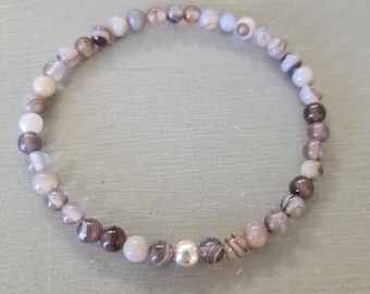 Tiny Brown grey Botswana Agate gemstone bead stretch Bracelet Sterling Silver or Gold Fill - healing jewellery gift