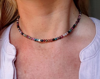WATERMELON TOURMALINE necklace choker Sterling Silver Gold Fill tiny 4mm multi colour gemstone bead choker October Birthstone jewellery gift