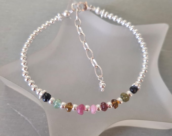 Tiny Watermelon Tourmaline Bracelet Sterling Silver Tourmaline gemstone bead bracelet October Birthstone jewellery gift 8th anniversary gift