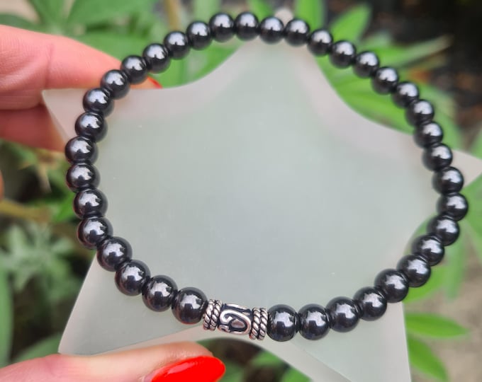 Black Hematite stretch Bracelet Sterling Silver small 4mm or 6mm black GEMSTONE bead Bracelet beaded Root Chakra yoga jewellery gift for men