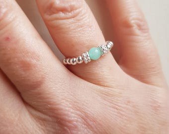 Aqua Green JADE Sterling Silver STRETCH Ring or Gold Fill tiny green gemstone bead Ring beaded stacking Boho Ring heart Chakra jewelry gift