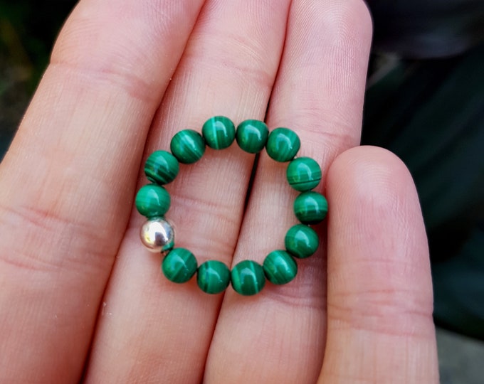 MALACHITE  stretch bead ring with STERLING SILVER or 14ct Gold Fill bead - green Malachite beaded jewelry Heart chakra jewellery gift