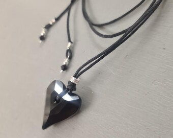 Black Swarovski crystal heart necklace choker Black Crystal heart pendant necklace unique adjustable handmade Valentine jewellery gift