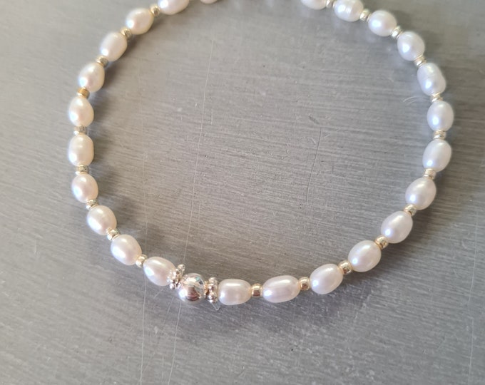 Small Freshwater Rice Pearl STRETCH Bracelet Sterling Silver - June Birthstone jewellery gift for girl mum sister