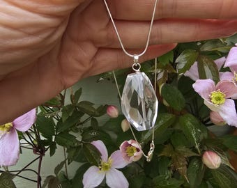 Natural Clear Quartz pendant necklace Sterling Silver large real Rock Crystal healing necklace April Birthstone jewellery gift for her mum