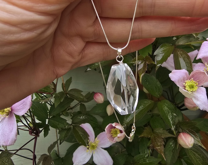 Natural Clear Quartz pendant necklace Sterling Silver large real Rock Crystal healing necklace April Birthstone jewellery gift for her mum