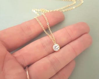 14K Gold Fill tiny CZ diamond choker necklace clear Lab Diamond pendant stacking layering minimalist bridal Jewellery April Birthstone gift