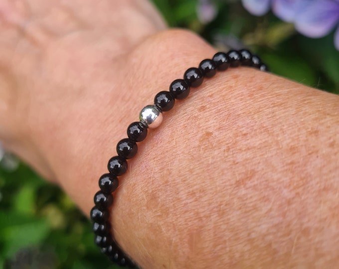 Black Tourmaline Bracelet Sterling Silver or Gold Fill tiny black GEMSTONE bead stretch Bracelet October Birthstone jewellery for him or her