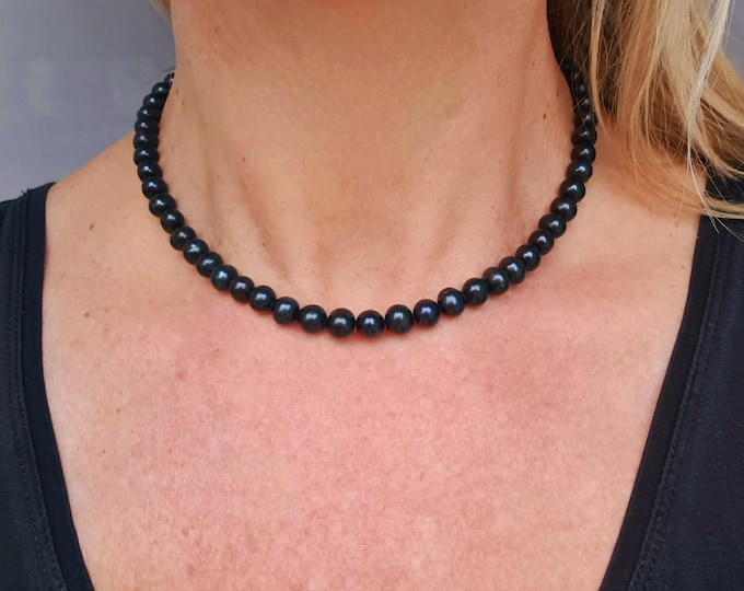 Large Black Freshwater Pearl necklace choker Sterling Silver / Gold Fill 8-9mm real AA jet Black pearl necklace June Birthstone jewelry gift