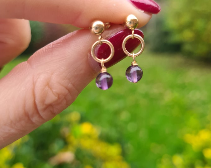 14k Gold Fill Amethyst earrings stud tiny 4mm Amethyst gemstone bead drop earrings February Birthstone jewellery gift for girl mum sis