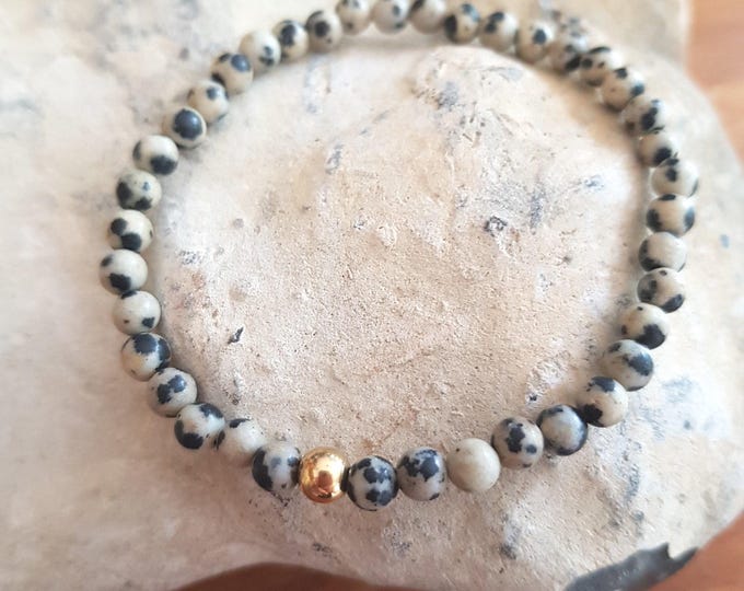 Dalmation Jasper stretch Bracelet Sterling Silver / Gold Fill tiny 4mm gray black gemstone bead Bracelet  Chakra jewellery gift for her him
