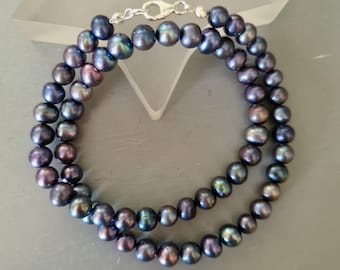 Peacock Black Freshwater Pearl necklace choker Sterling Silver 7mm real rainbow black pearl necklace June Birthstone jewellery gift for her