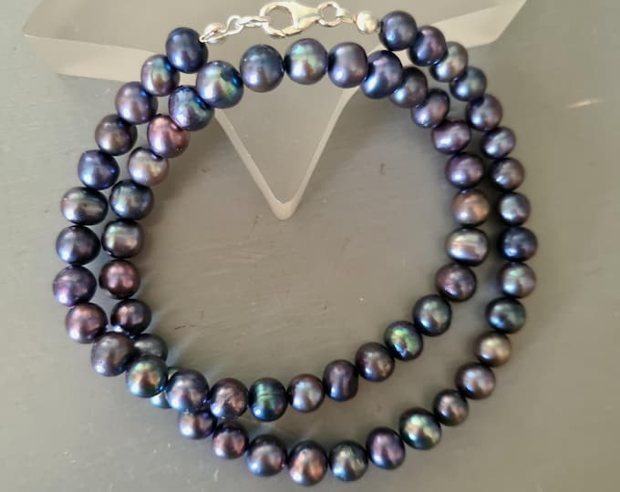 Peacock Black Freshwater Pearl necklace choker Sterling Silver 7mm real rainbow black pearl necklace June Birthstone jewellery gift for her
