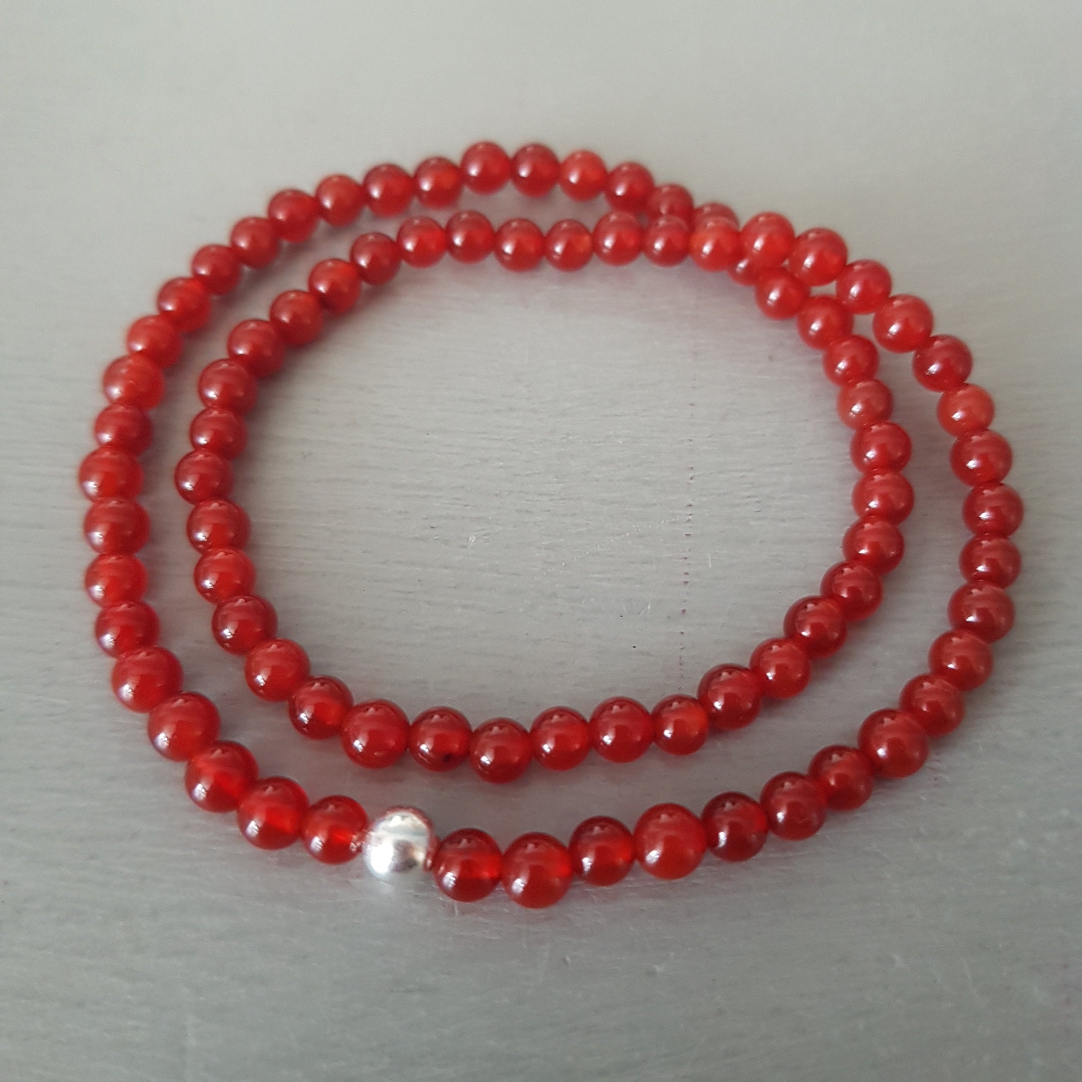 Carnelian STRETCH Bracelet Sterling Silver 4mm tiny ORANGE red gemstone
