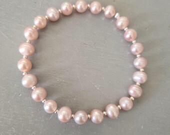 Pink FRESHWATER Pearl STRETCH bracelet Silver or Gold 7mm real pastel pink pearl stacking bracelet real pearl June Birthstone jewellery gift