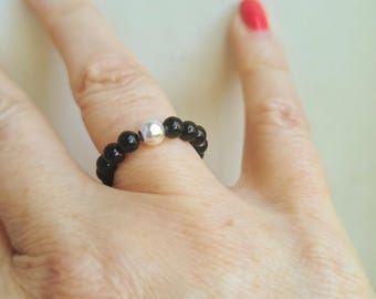 BLACK Tourmaline STRETCH ring Sterling Silver or Gold Fill black gemstone bead ring October Birthstone jewellery gift base root Chakra ring