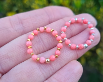 Tiny PINK CORAL stretch ring Sterling Silver or Gold Fill pink Coral gemstone bead ring beaded ring chakra jewellery healing jewellery gift