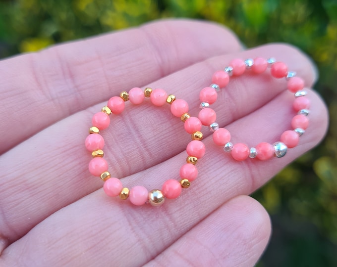 Tiny PINK CORAL stretch ring Sterling Silver or Gold Fill pink Coral gemstone bead ring beaded ring chakra jewellery healing jewellery gift