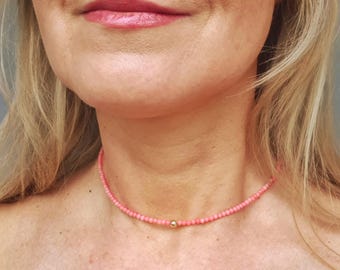 Tiny pink Coral necklace choker Sterling Silver or Gold Fill 3mm pink gemstone bead necklace small beaded necklace Chakra jewellery gift her