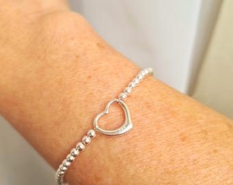925 Silver heart stretch bracelet tiny 3mm Sterling Silver bead bracelet Mothers Day gift wedding anniversary mum girlfriend teenage girl