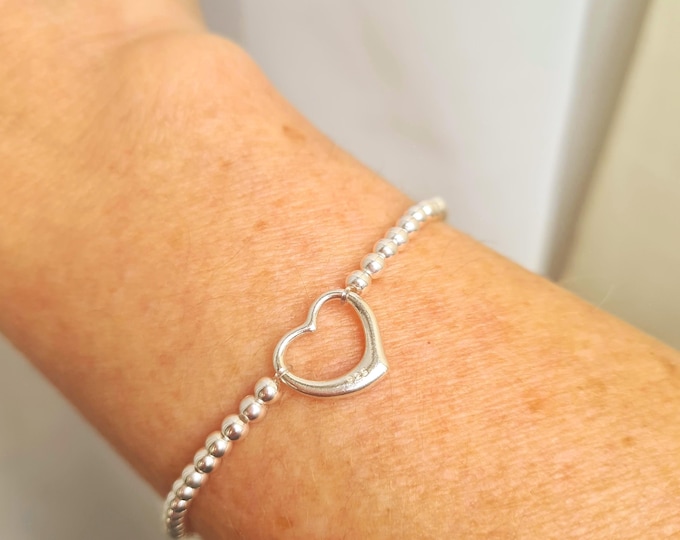 925 Silver heart stretch bracelet tiny 3mm Sterling Silver bead bracelet Mothers Day gift wedding anniversary mum girlfriend teenage girl