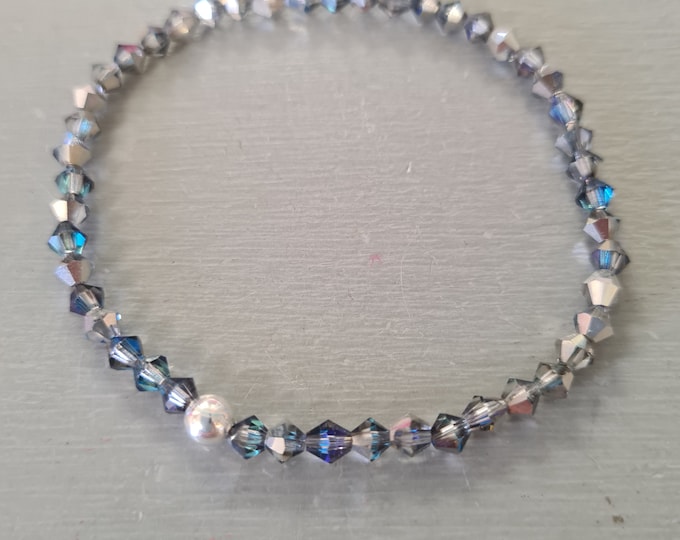 Silver Blue crystal stretch bracelet with diamante, Sterling Silver or Gold Fill accent bead; Silver blue Crystal jewellery gift for her mum