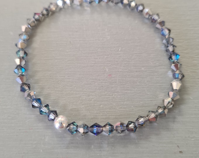 Blue crystal stretch bracelet with Sterling Silver or Gold Fill or diamante accent bead; Silver blue grey Crystal jewellery gift for her mum
