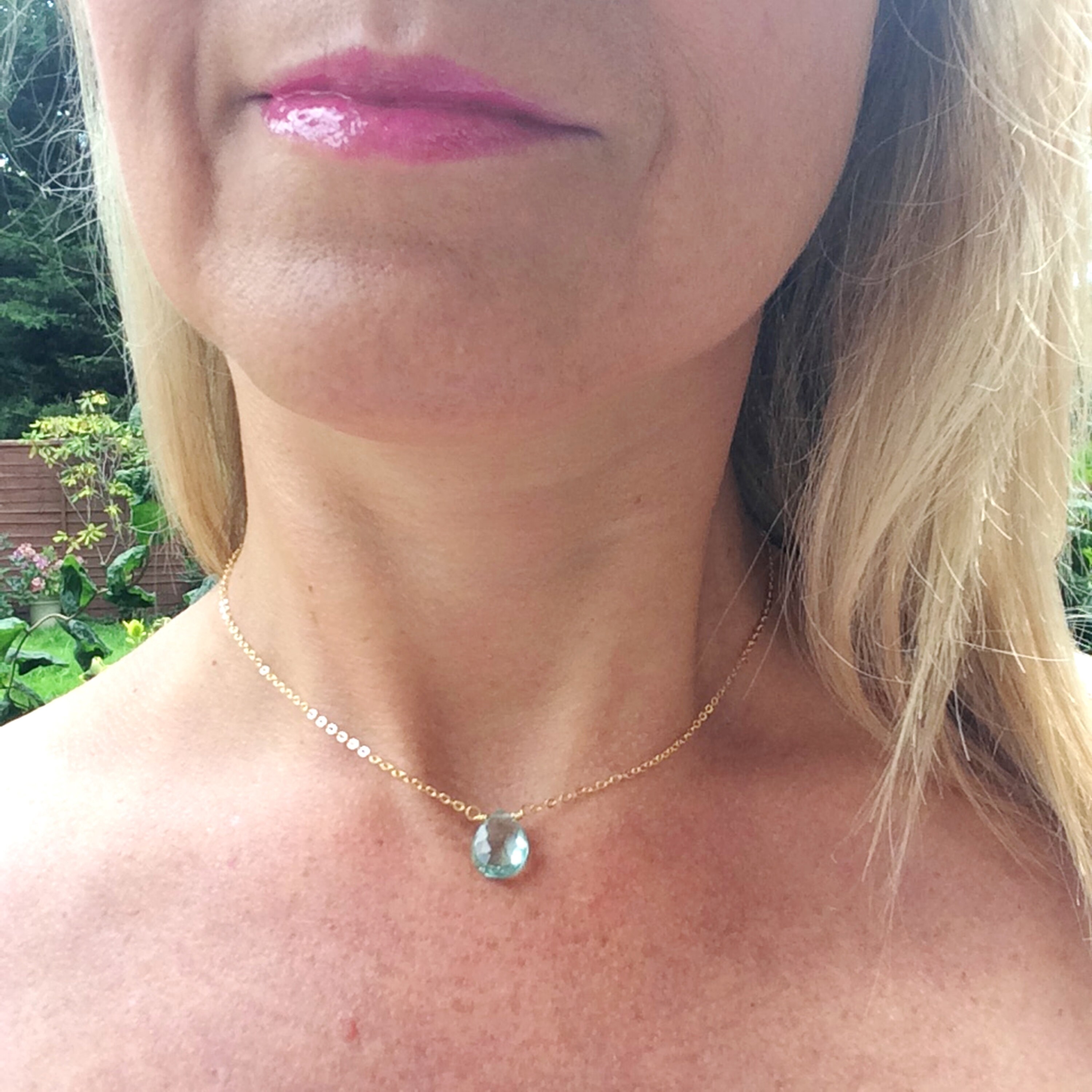 Aquamarine Quartz necklace pendant Gold Fill choker March