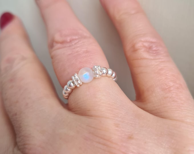 Moonstone Sterling Silver stretch ring or Gold white gemstone bead ring stacking ring June Birthstone jewellery gift Healing Chakra jewelry