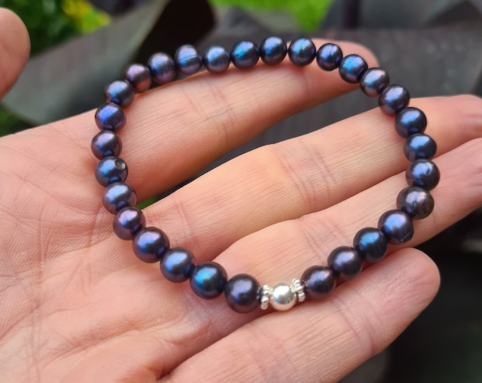 Peacock Freshwater Pearl stretch bracelet Sterling Silver Gold real 5mm blue black pearl bracelet June Birthstone jewellery gift anniversary