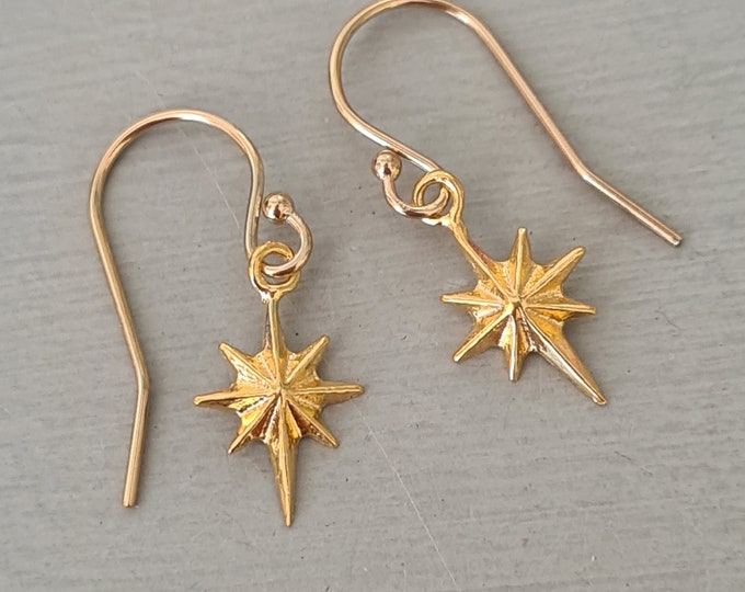 Tiny 24K Gold vermeil star earrings Gold sun earrings dainty Gold sun earrings Gold star drop earrings jewellery gift for teenage girl