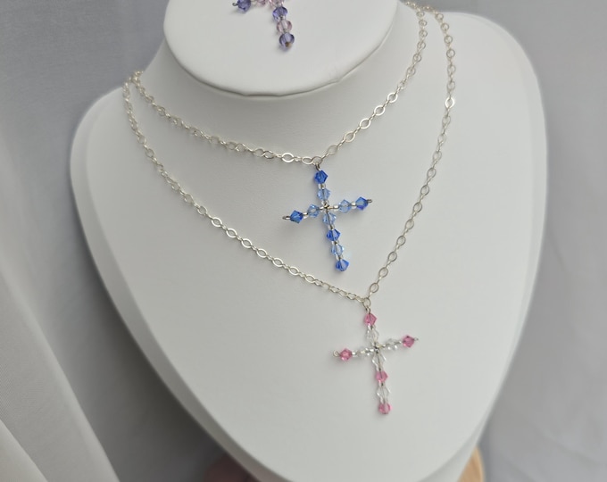 Sterling Silver Swarovski Crystal cross necklace choker cross pendant blue purple pink clear handmade jewellery gift girl mum Communion prom