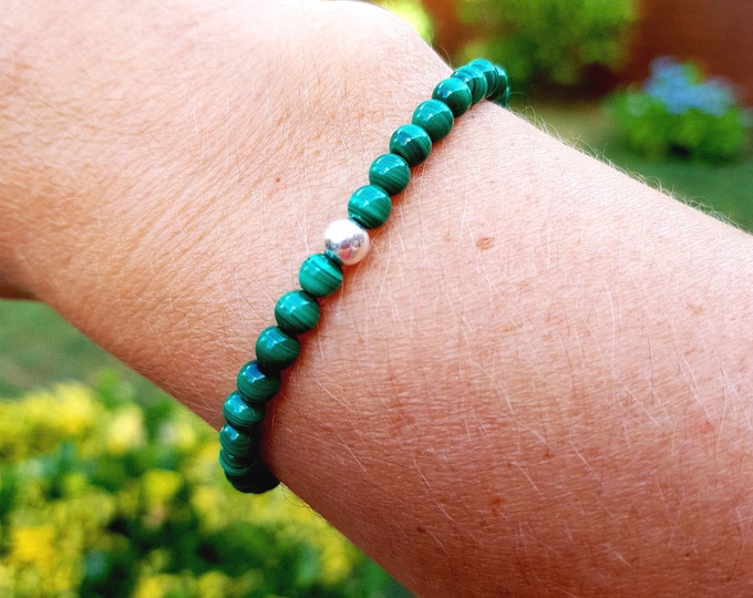 MALACHITE stretch BRACELET with Sterling Silver or 14K Gold Fill accent bead - Malachite jewelry beaded Heart chakra jewellery gift