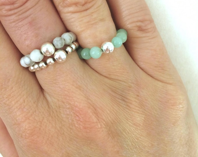 Aqua GREEN JADE RING Sterling Silver stretch ring beaded green gemstone bead ring green stacking ring Jade arthritis chakra jewellery gift