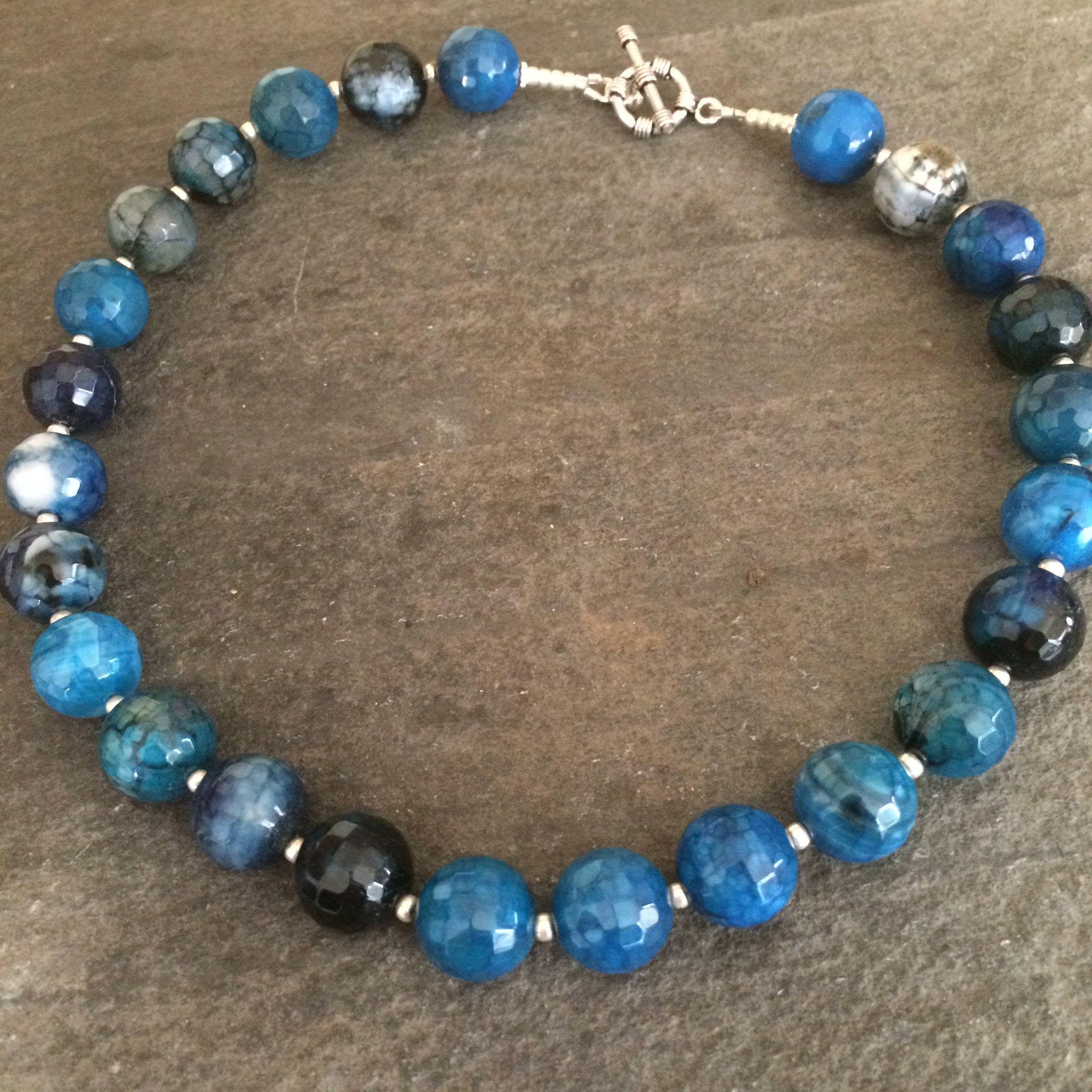 Chunky blue Agate beaded gemstone necklace Sterling Silver semi ...