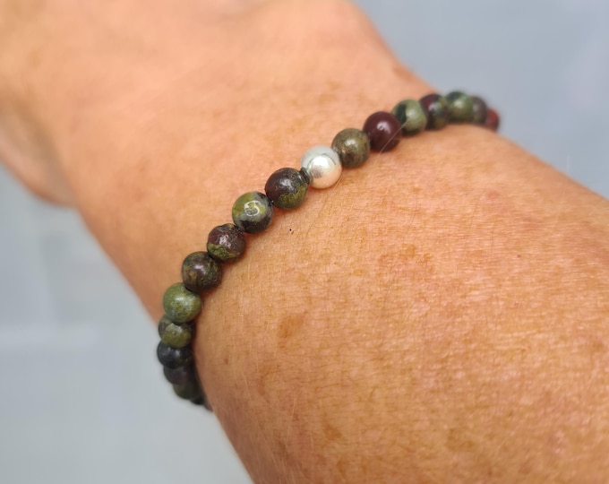 Tiny Bloodstone gemstone bead stretch Bracelet with Sterling Silver or 14K Gold Fill accent bead - base Chakra jewellery gift