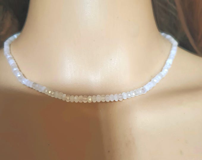 Tiny Moonstone choker Sterling Silver Gold Fill small 4mm real white faceted Moonstone gemstone bead necklace June Birthstone jewellery gift