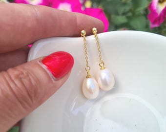 24K Gold Vermeil Freshwater pearl earrings large real white Freshwater pearl drop earrings June Birthstone jewellery 3rd anniversary gift