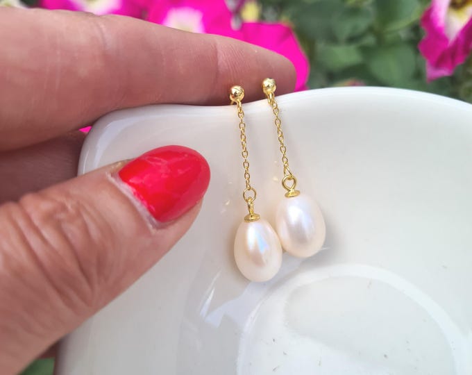24K Gold Vermeil Freshwater pearl earrings large real white Freshwater pearl drop earrings June Birthstone jewellery 3rd anniversary gift