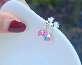 Tiny pink AB Swarovski crystal earrings Sterling Silver or Gold small sparkly Rose AB crystal drop earrings crystal jewellery gift for girl
