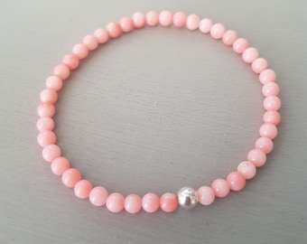 Pink Coral stretch Bracelet Sterling Silver or Gold Fill tiny 4mm salmon pink Coral gemstone bead Bracelet stacking 35th anniversary gift
