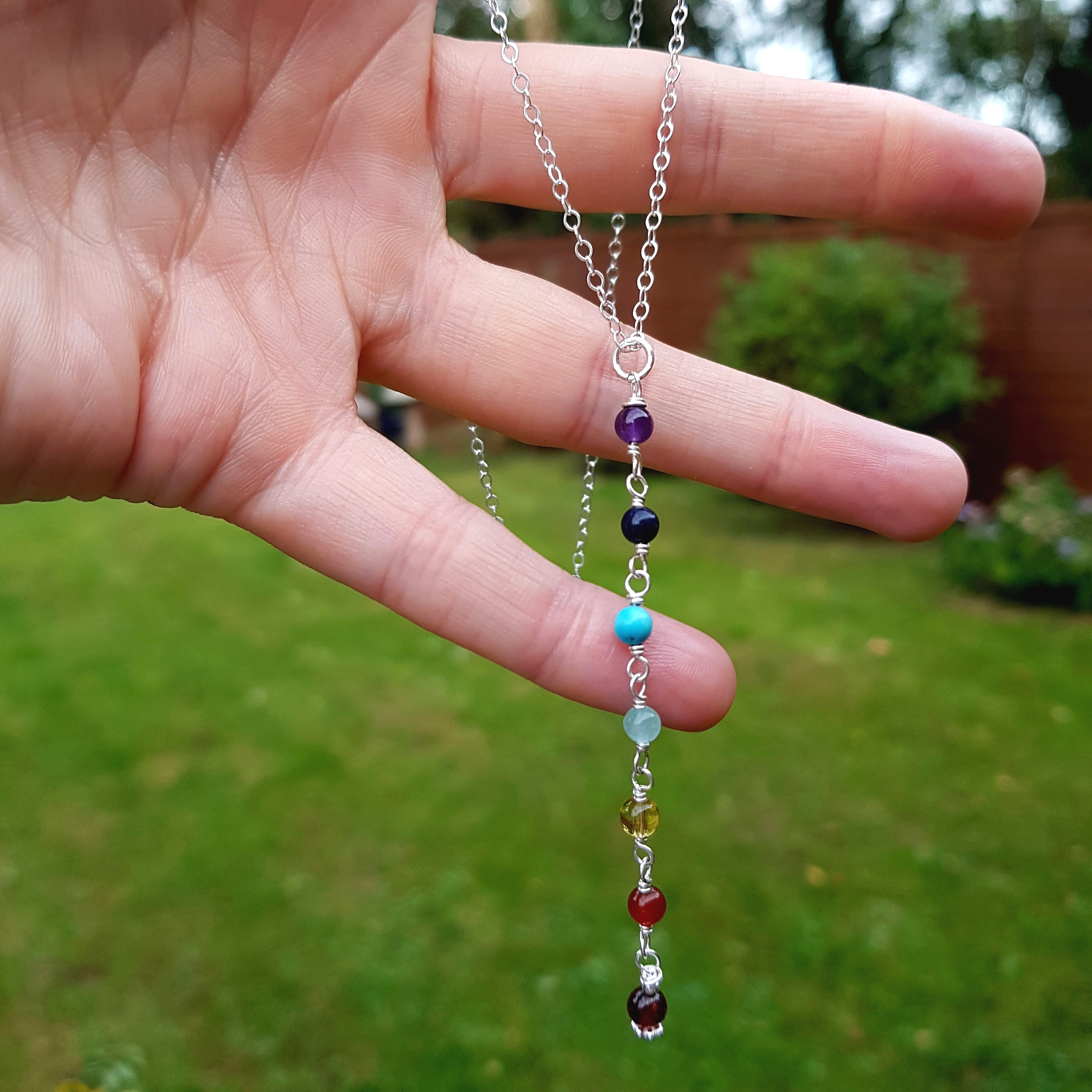 7 CHAKRA necklace lariat Sterling Silver or Gold Fill tiny gemstone ...