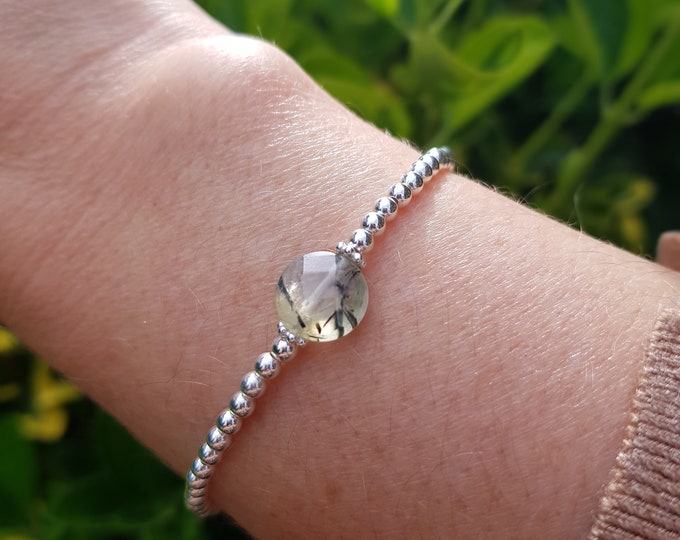 Green Prehnite Sterling Silver stretch bracelet  green gemstone bead Bracelet beaded stacking Healing Crystal chakra jewellery gift for her
